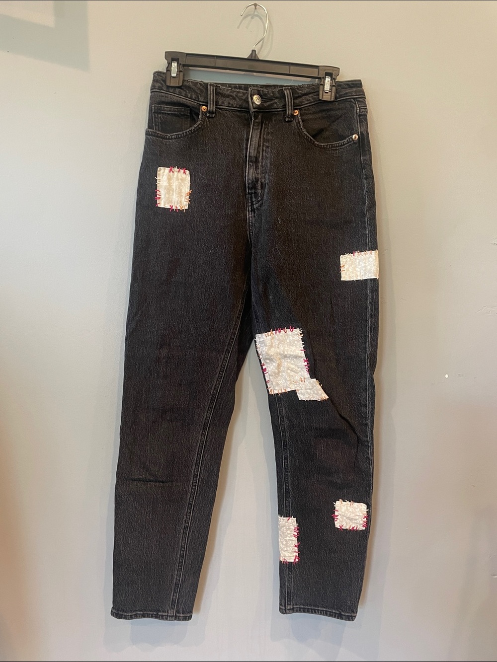 H&M Black Slim Straight Jeans with White Sequin Patchwork